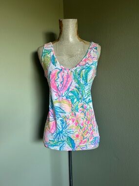 Lilly Pulitzer Tropical Floral V-Neck Tank in Pink, Blue & Green